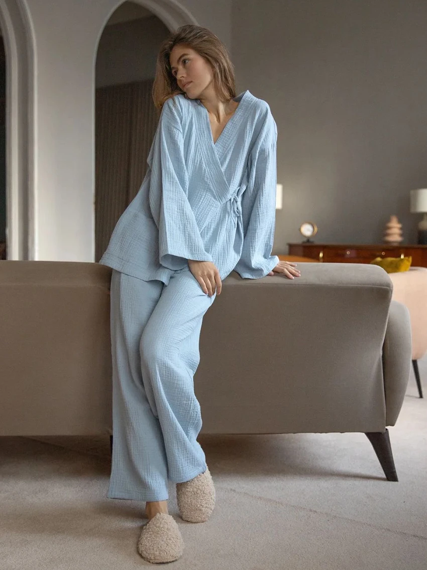 Marthaqiqi Cotton Women Sleepwear Set Sexy V-Neck Pajama Long Sleeve Nightie Lace Up Nightgowns Pants Casual Ladies Pyjamas Suit