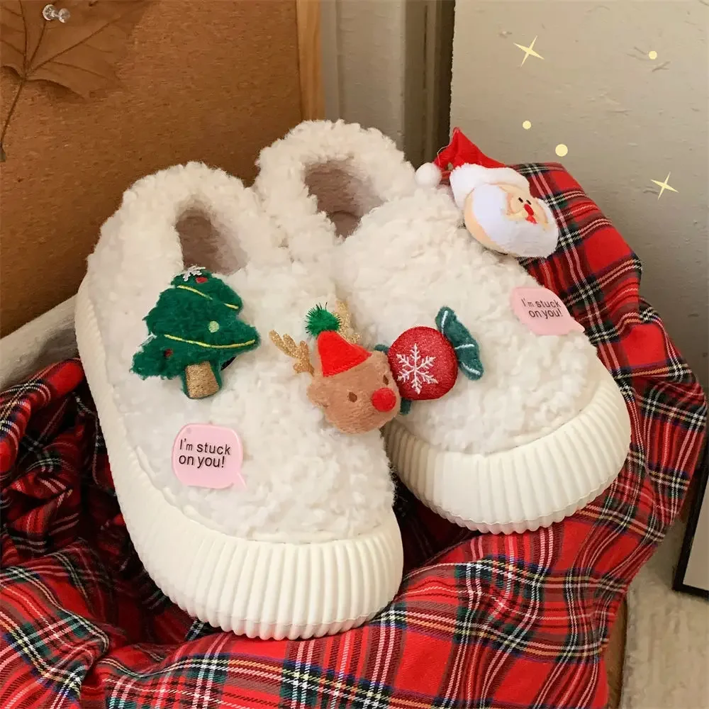 

Winter Cotton Warm Plush Fur Antiskid Christmas Slippers Deer Antler Cotton Mops Outdoor Breathable Sole Soft Home Couples Shoes