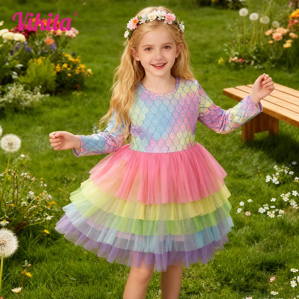VIKITA Kinder-Kleid mit buntem Regenbogen-Farbverlauf, Geburtstagsparty, Prinzessinnenkleid, langärmelig, Polyester, Tutu-Kleid, Kinderkleidung, 3–10 Jahre