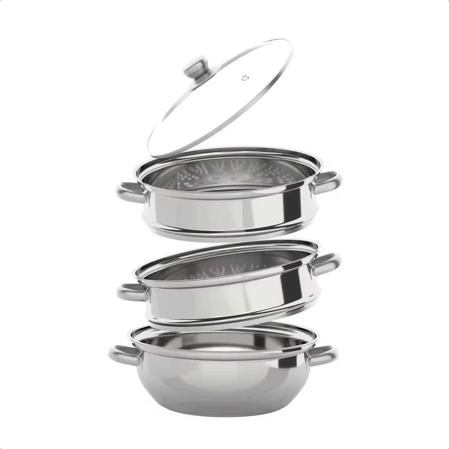 

3-Tier 28CM Stainless Steel Steamer Food Cooking + Glass Lid Cookware Pot Set Silver Hot Pot Steamer Veg Cooker