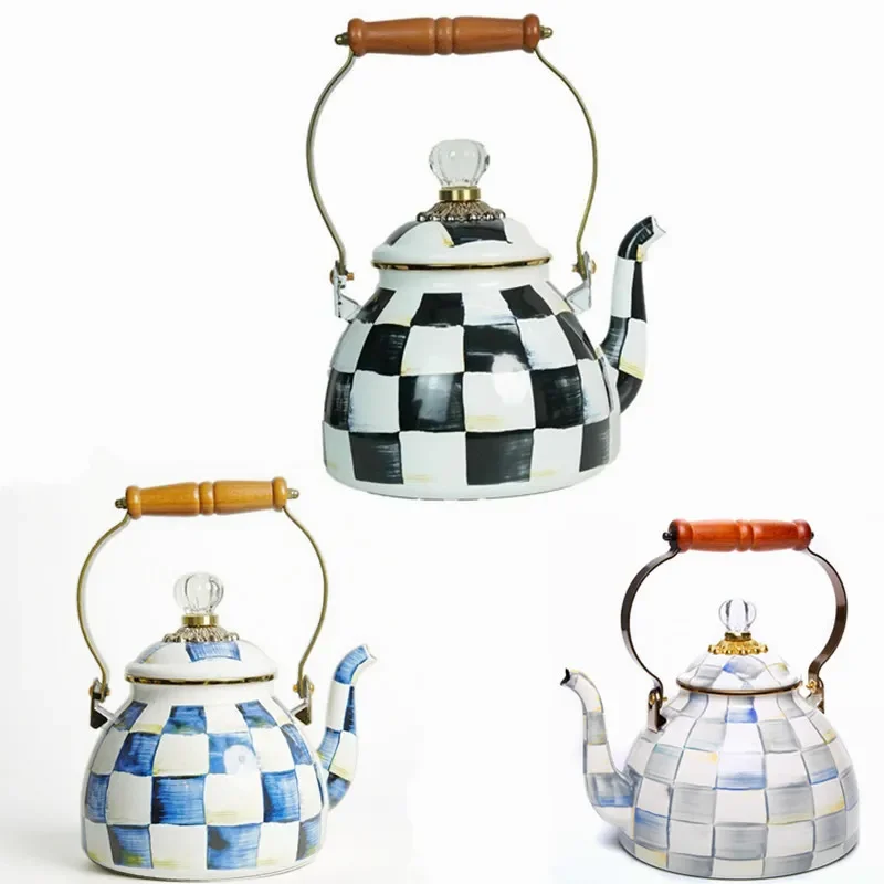 2.5 Quart Check Enamel Tea Kettle Vintage Enameled Teapot Stovetop For Water Coffee Tea Pot Home Kitchen Decor With Handle