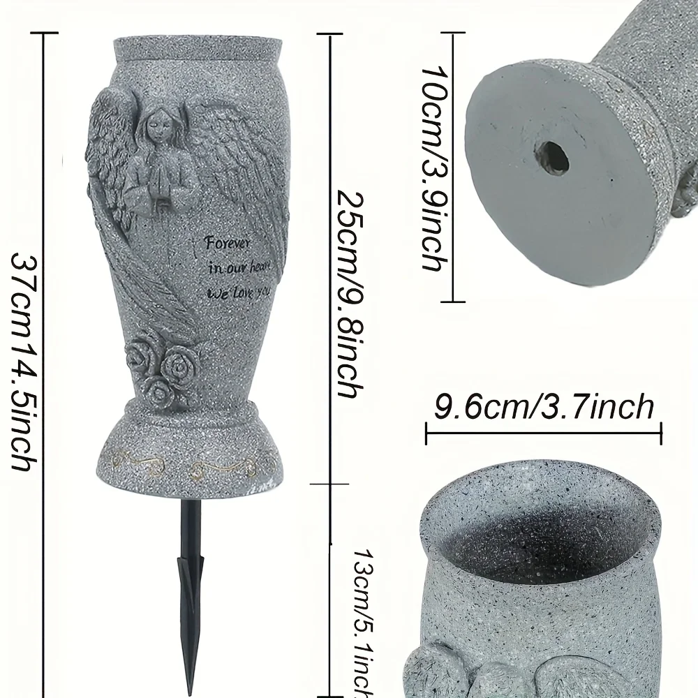 Elegant Angel Memorial Cemetery Vase with Ground Plug Resin Material Grave Square Flower Holder Suitable for Fresh/ Artificial B