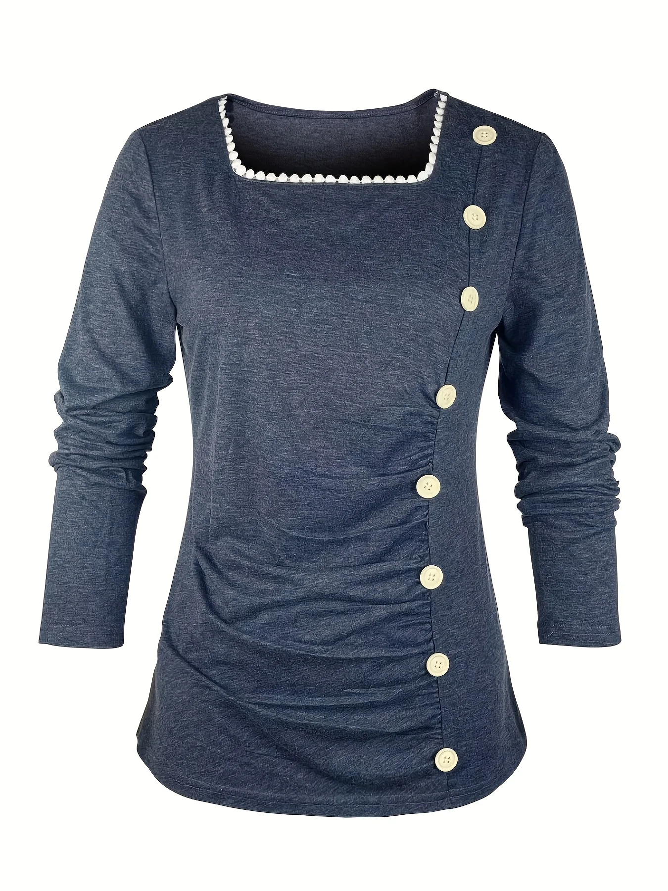 우아한 유럽 여성 패션 스퀘어 칼라 티셔츠 가짜 단추 컬러 블록 레이스 긴 소매 여성 상의