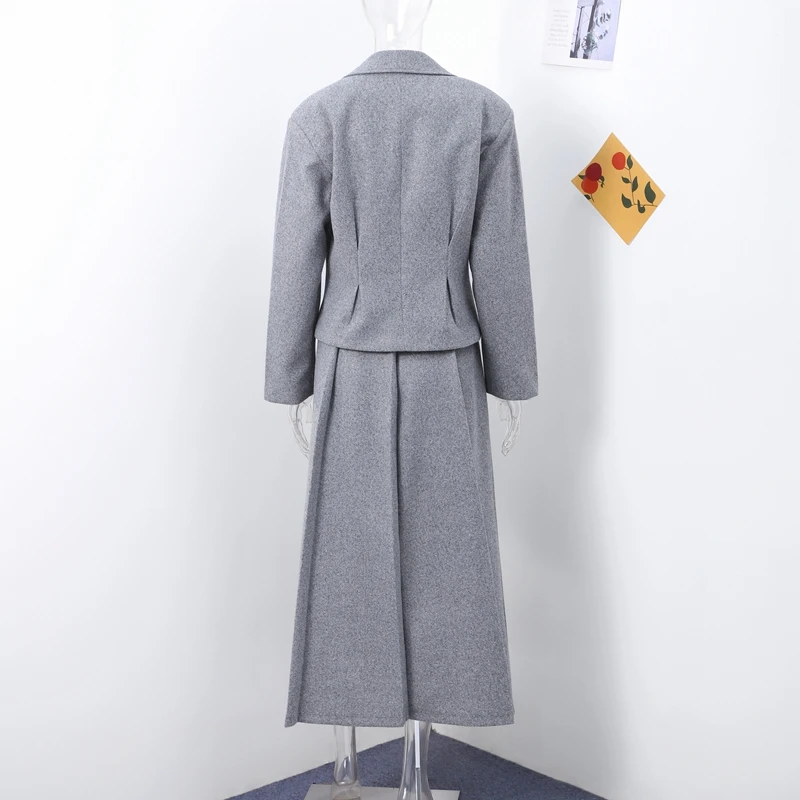 Description Picture 5 of itemElegant Woolen Coat Skirts Set Women Grey Lapel Hidden Buckle Blazers Pleated Skirt 2024 Autumn Winter New Lady Office Outfits