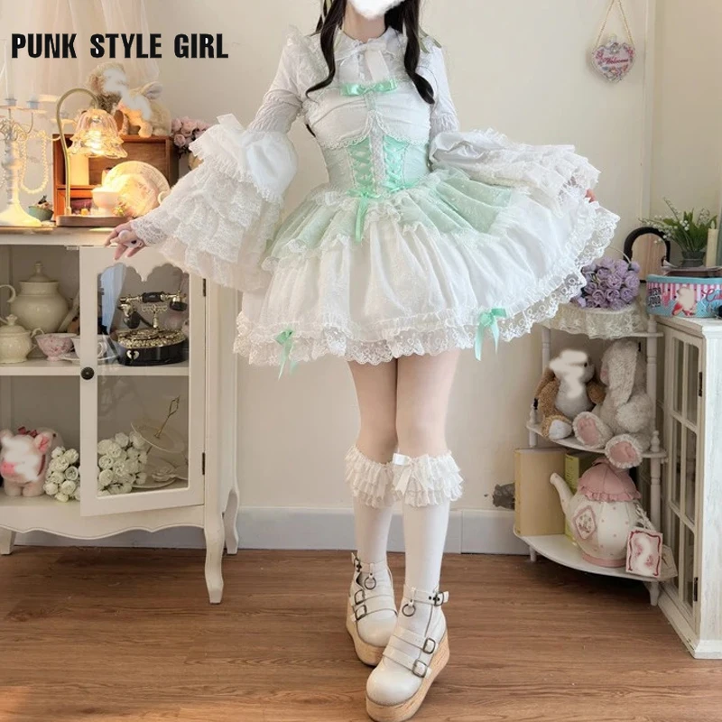 Mädchen süße y2k Prinzessin Mini kleid Frauen Harajuku japanische kawaii lolita jsk Kleid niedlichen Spitze Bogen Abend party Rüschen Kleider