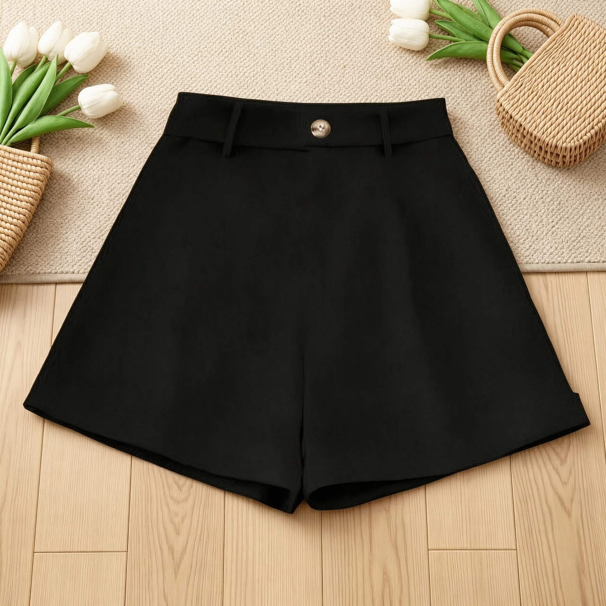 Women's Tailored Suit Shorts Black High Waist Wide Leg Button Front Commute Work Casual Shorts