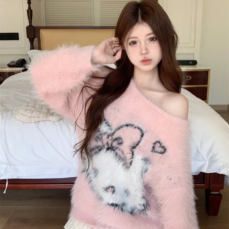 Sanrio Hello Kitty Sweater Fashion Y2k Women Oversized Knitwear Winter Harajuku Pullover Female O-neck Long Sleeve Top Gifts