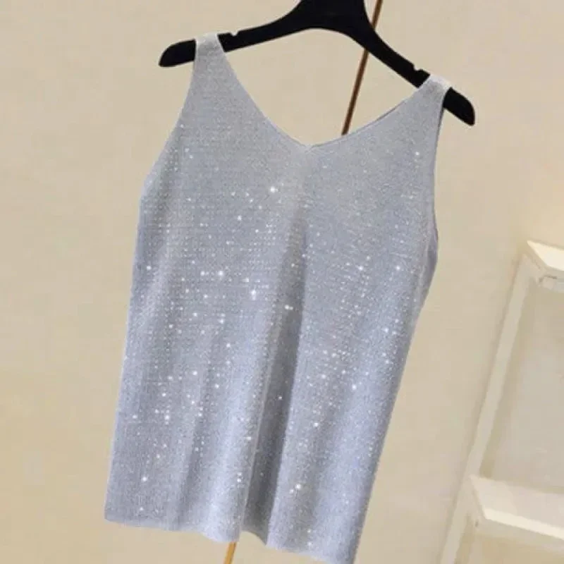 Camicia con fondo in maglia di strass senza maniche gilet di seta brillante per le donne camicetta lavorata a maglia di seta di ghiaccio con scollo