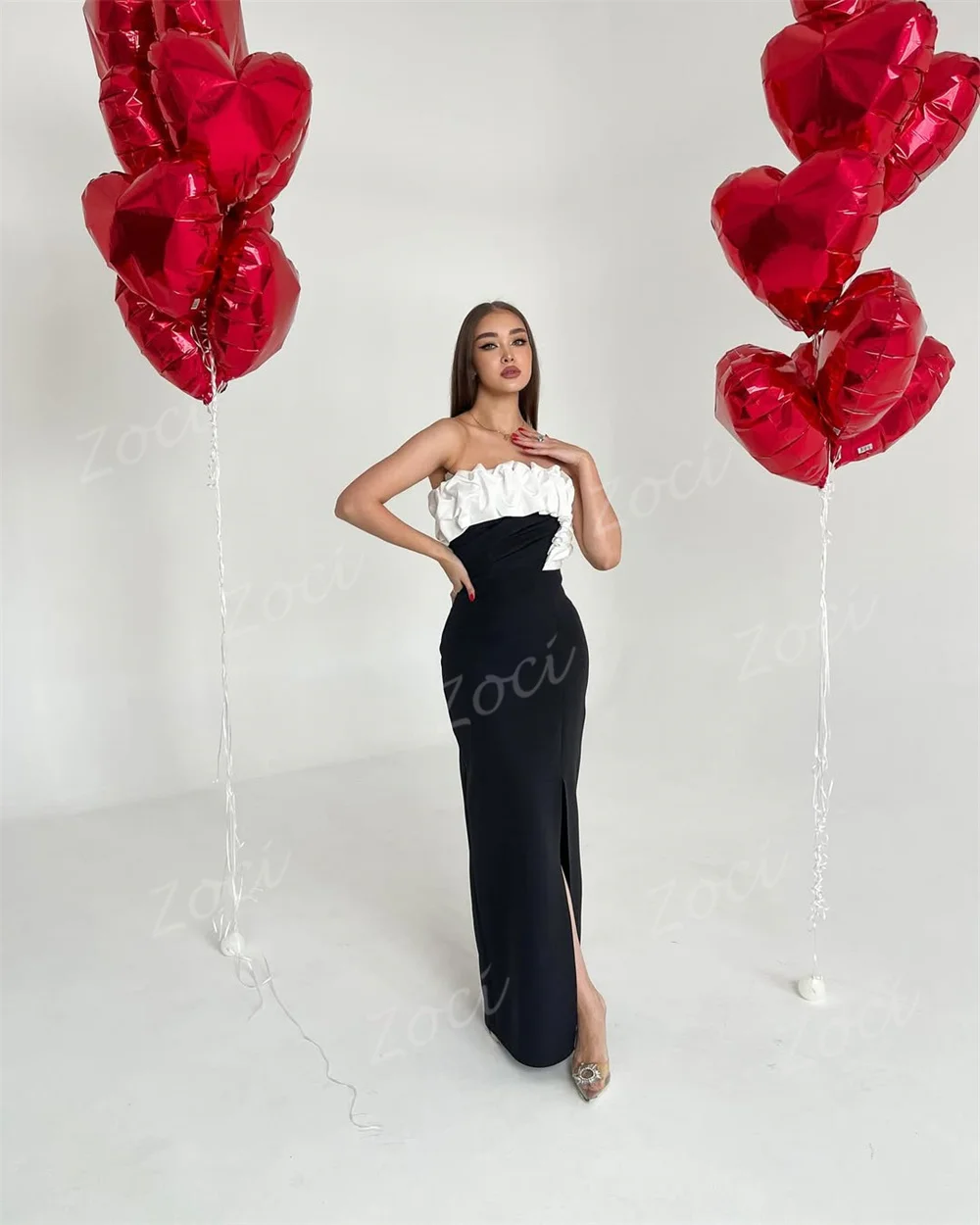 Zoci Strapless Mermaid Prom Party Dresses Customized Black White Long Women Evening Gowns High Slit Formal Engagement Dress