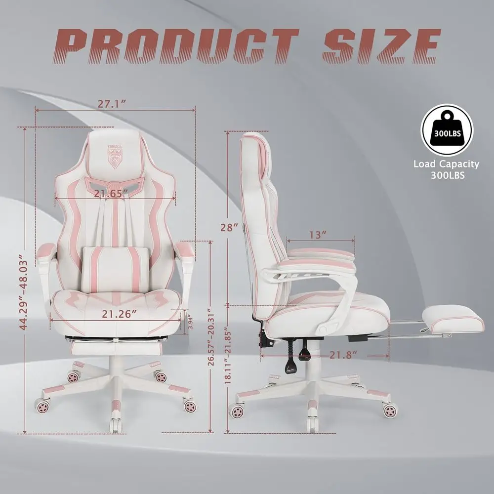 Ergonomic High-Back Gaming Chair with Footrest and Massage, White & Pink for Adults view 3