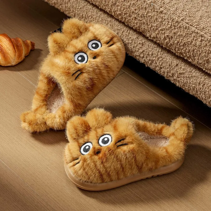 Cute Cat Plush Slippers Winter Warm Parent-child Cotton Slippers Girls Non-slip Indoor Home Shoes