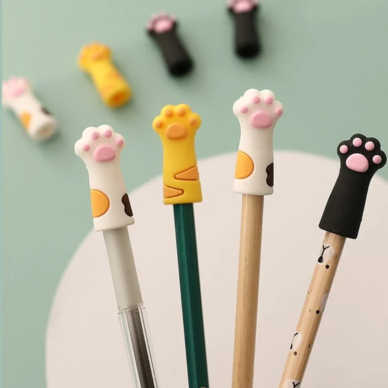 3 peças bonito gato pata lápis desenhos animados lápis anti-mastigar silicone lápis boné para criança classe