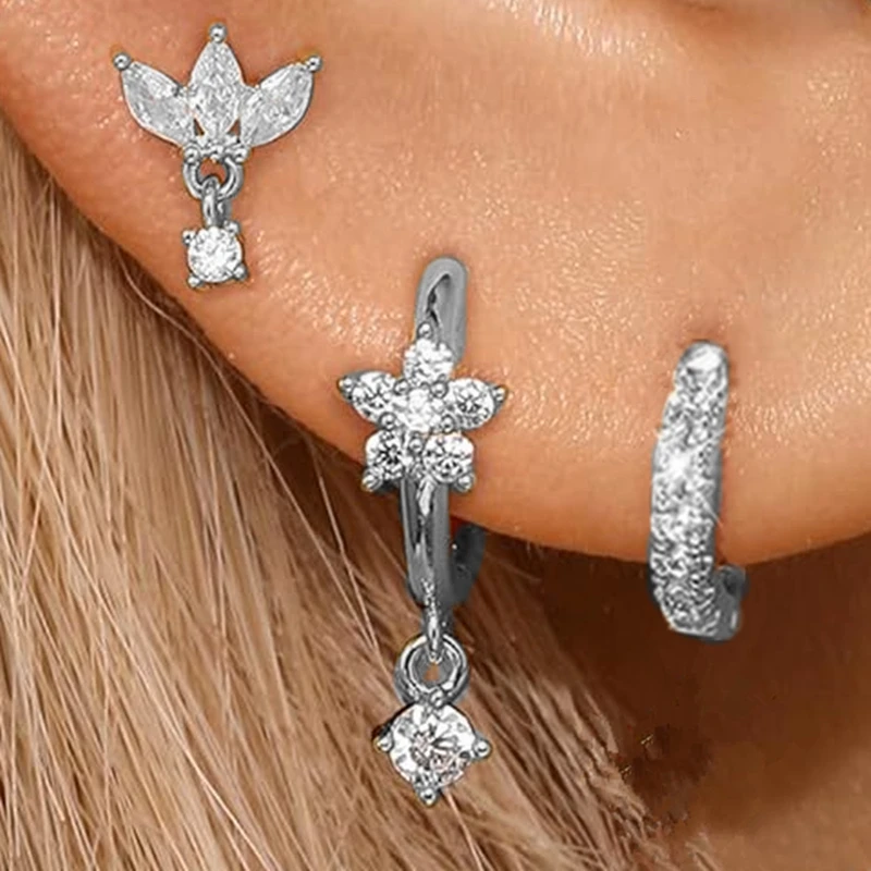 3-teiliges exquisites Zirkon-Creolen-Set mit kleinen Huggies für Damen, Edelstahl, einzigartiger Knorpel-Ohrring-Piercing-Schmuck