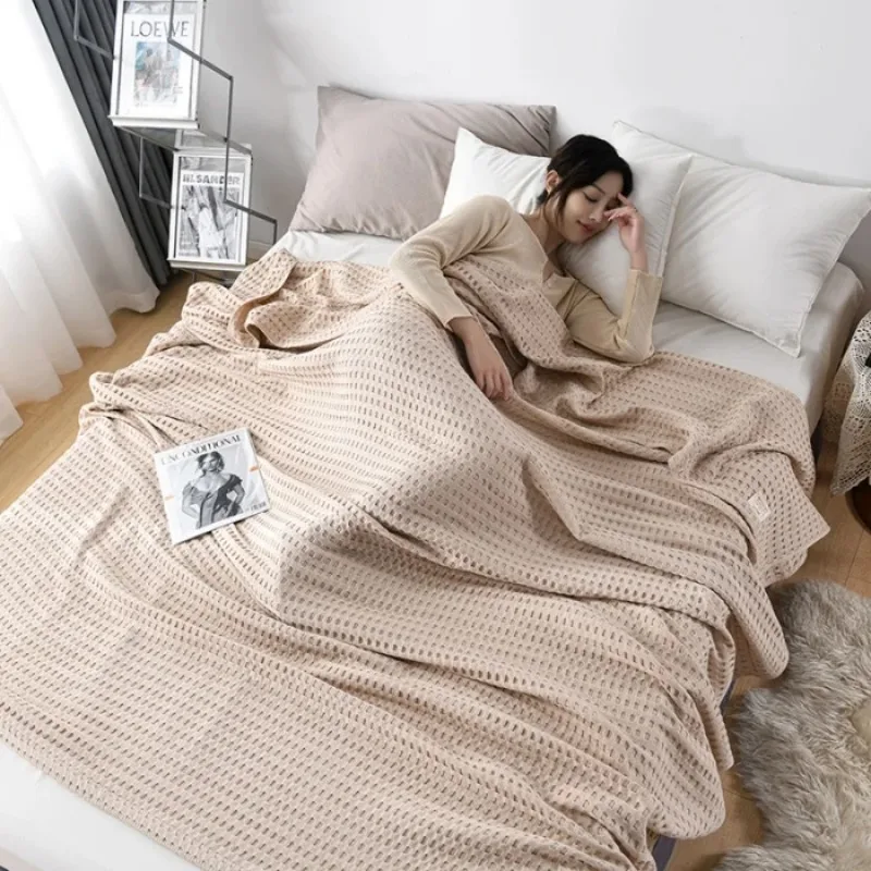 Summer Waffle Plaid Cotton Bed Blanket Throw Thin Quilt Knitted Bedspread Home Hotel Coverlets Green Pink Throw Blankets