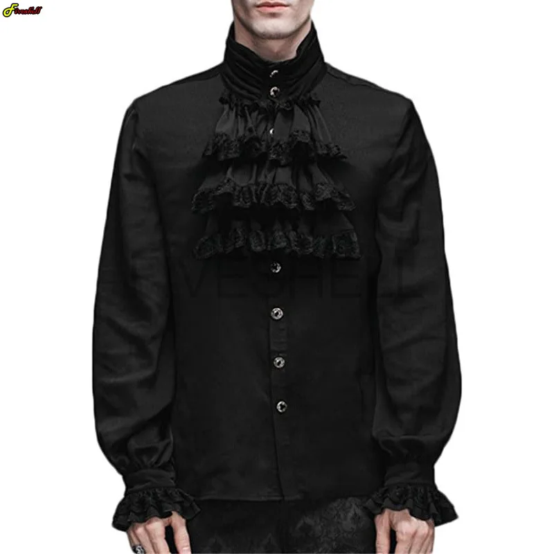 Medieval Costumes Men\'s Shirts Turtlenecks Vintage Bandage Victorian Ruffles Gothic Male Jabot Blouse Tops Groom Casual Outfit