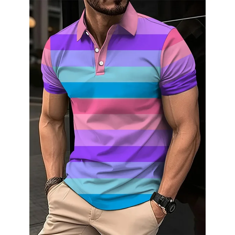 2024 New Men's Summer Short Sleevedpolo Shirt Lapel 3d Digital Printed Striped Polo Shirt Men Busibness Casual Top Men Clothing image 3