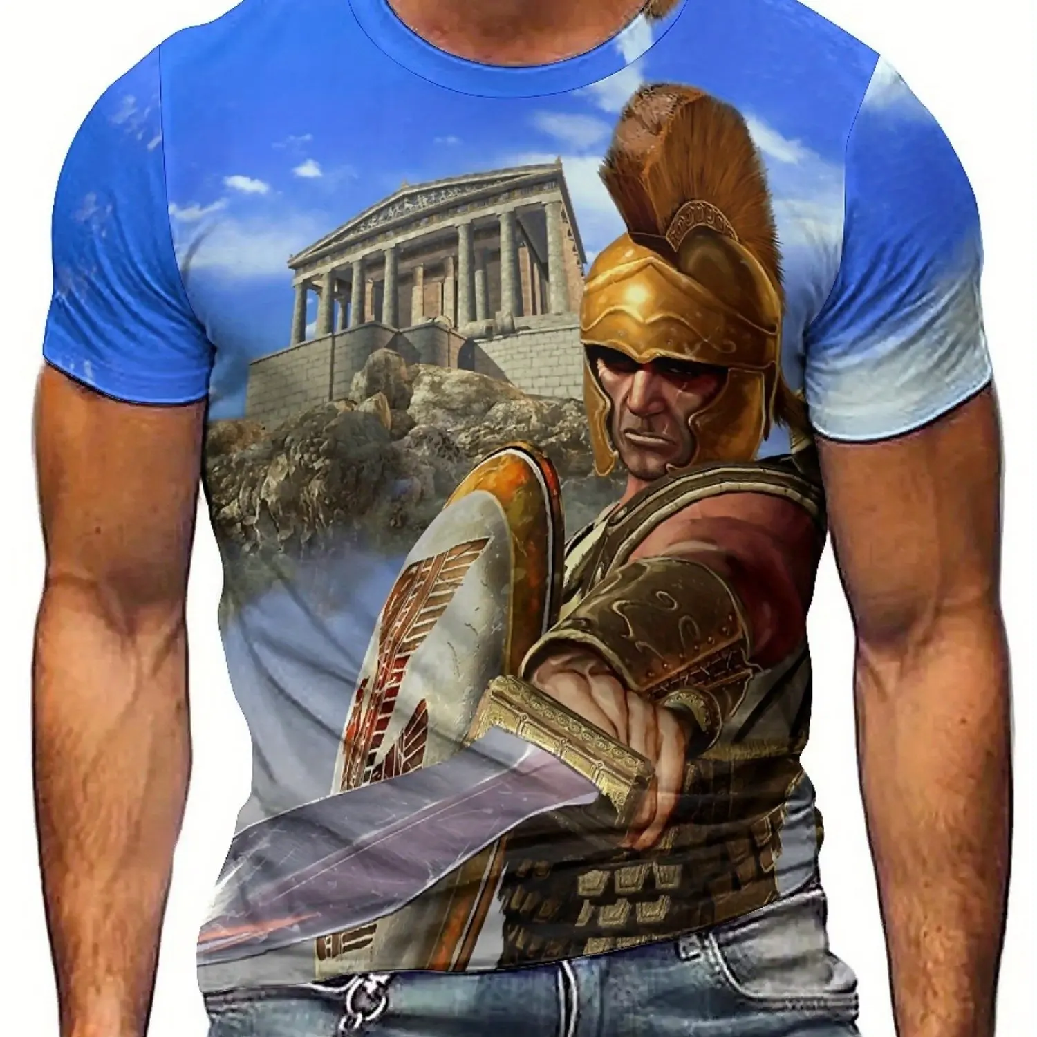 Plus Size Men's 3D Print Knight & Parthenon Graphic T-Shirt - Gothic Dark Loose Fit Breathable Fabric, Short Sleeve