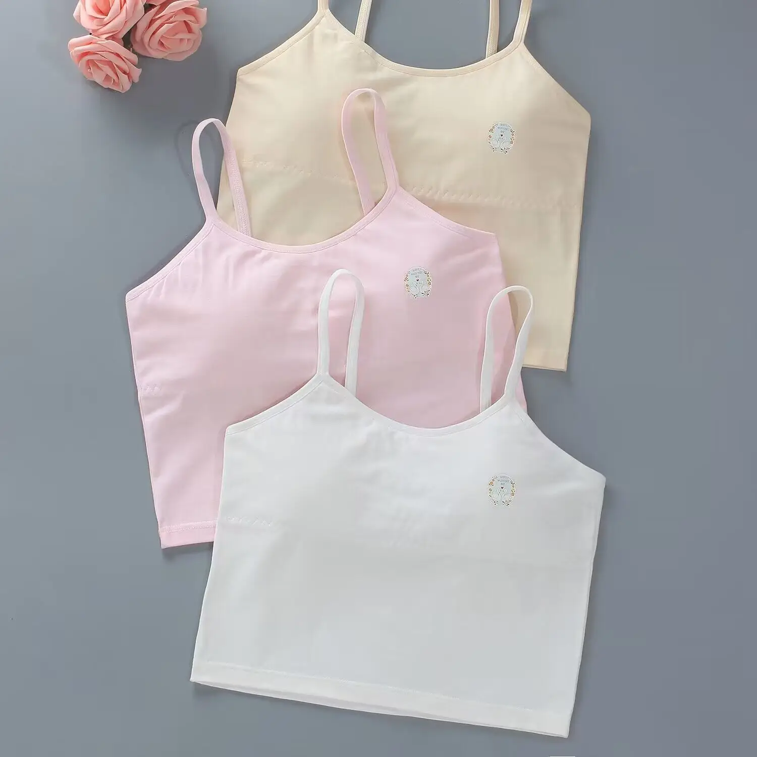 3PC Girls' Tank Top Underwear Hanging Strap Children's Bra  Girls' Elastic Tank Top Pure Cotton Summer Wrap Bra 10-15 Y