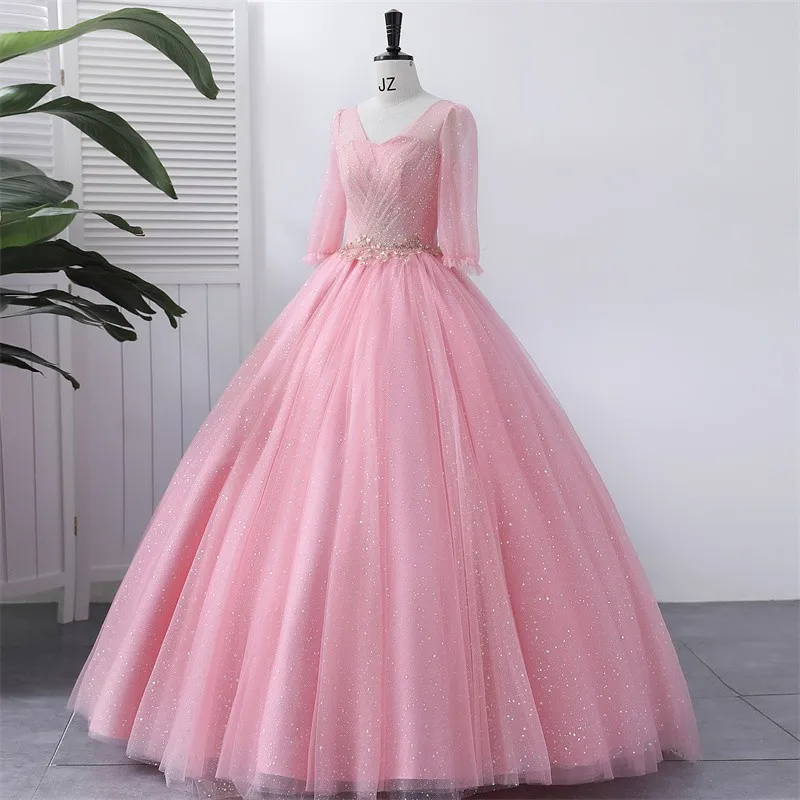 Ashley Gloria abiti Quinceanera manica lunga Bling Bling abito da festa con paillettes abito da ballo con scollo a v rosa dolce personalizza 2023 nuovo