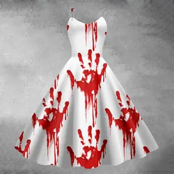 Fashion Halloween 3D Bloody Handprint Printed Dress For Women Spaghetti Strap Casual Long Dress Sleeveless Tunic A Line Dresses