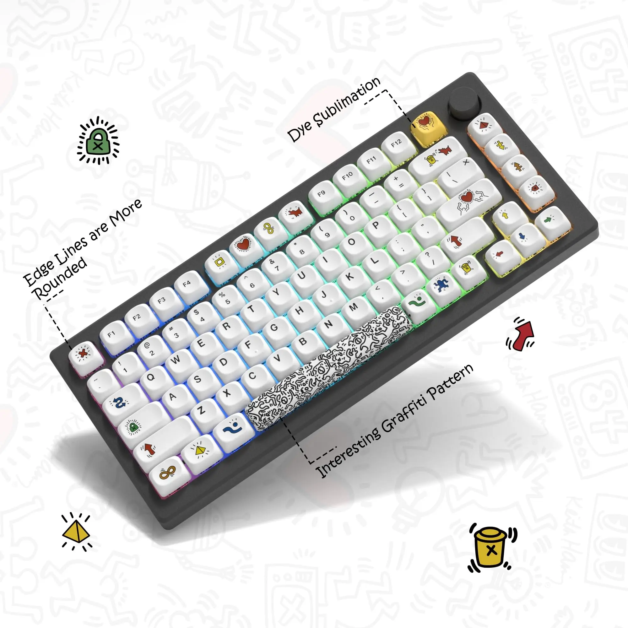 Womier Graffiti MOA PBT-Tastenkappen, niedliche Farbsublimations-Tastenkappen, 134 Tasten, individuelle Tastatur-Tastenkappen für Cherry MX Switches Tastatur