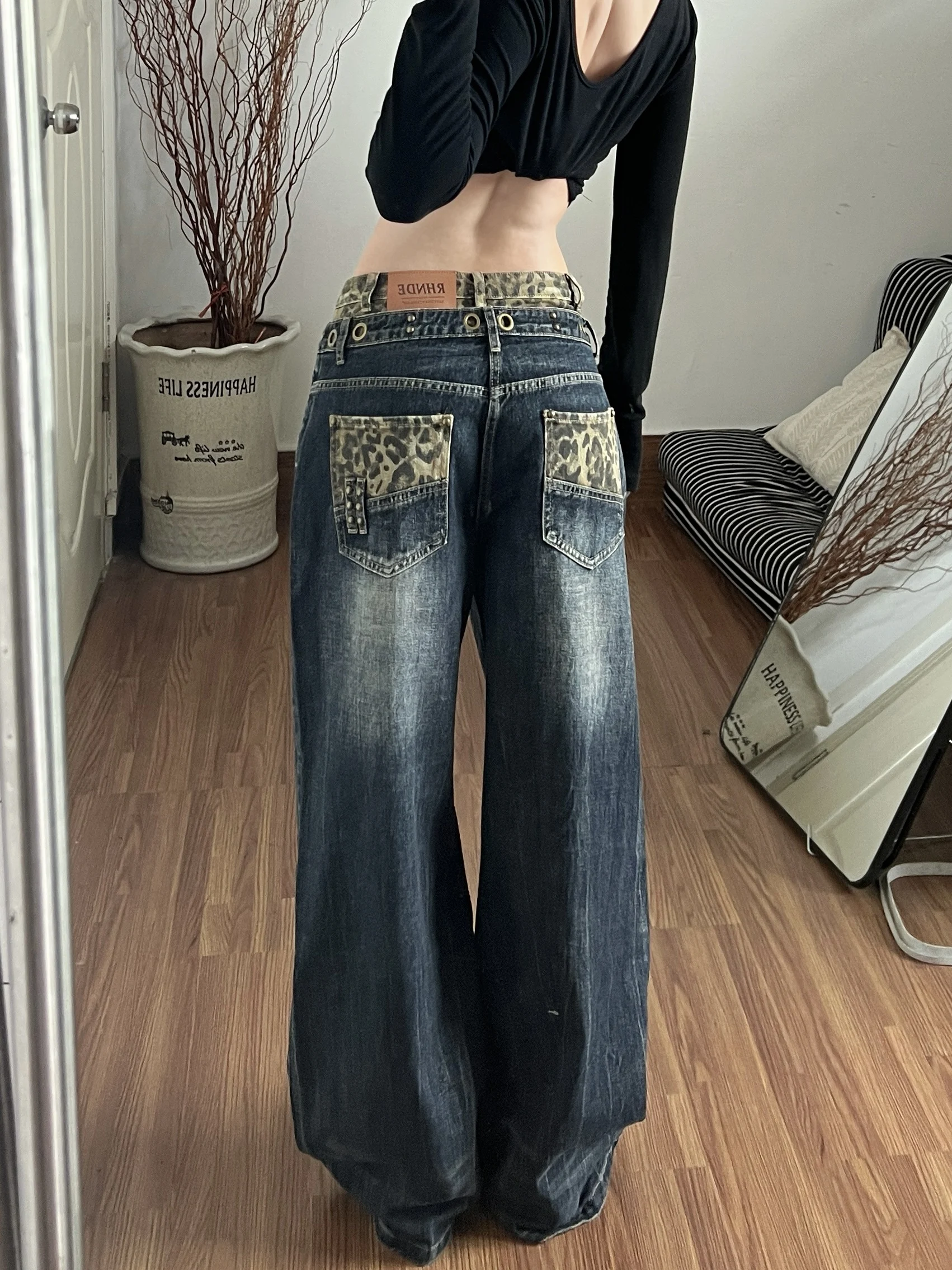 

Retro American Washed Leopard Print Double Layer Waist Straight Leg Jeans Women's Autumn Winter Loose Lazy Style Casual Pants