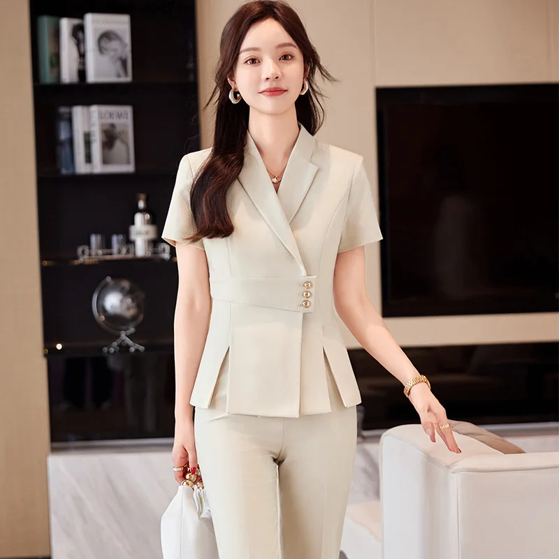 Summer Fabric Professional Women Business Suit with Pants and Jackets Coat Pantsuits Blazers Ladies Work Wear Trousers Set