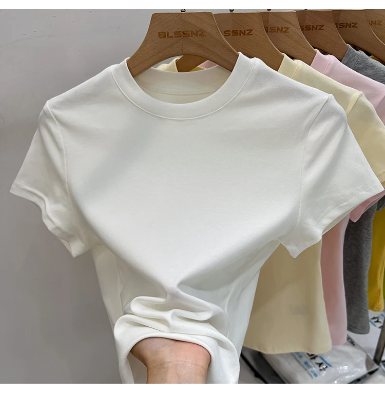 AOSSVIAO 2026 Summer Solid Color Women's Short Sleeve T-Shirt American Vintage Y2K Slim Basic O-Neck Tee Trendy Slim Fit Tops