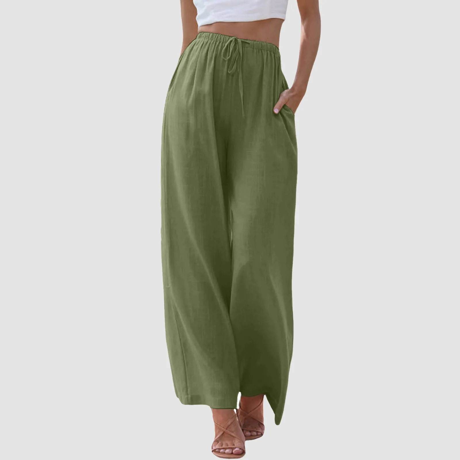 

Summer Casual Women Long Pants With Pockets High Waisted Wide Leg Pants Comfy Straight Leg Cotton Linen Elastic Trousers 2024