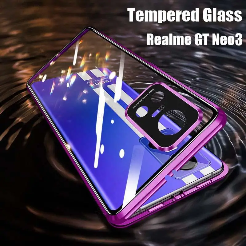 

For Realme GT Neo3 Magnetic Adsorption Tempered Glass Phone Case For Realme GT Neo 3 360 Double Sided Film Protector Flip Cover