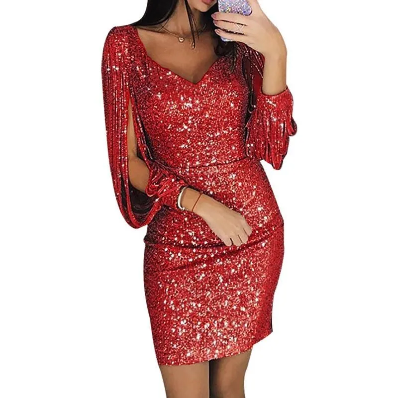 Sexy Long Sve Sequin Tassel Bodycon Dr for Night Club Par 25-29 Years Old Women Polyester Street Sle V-Ne ort S...