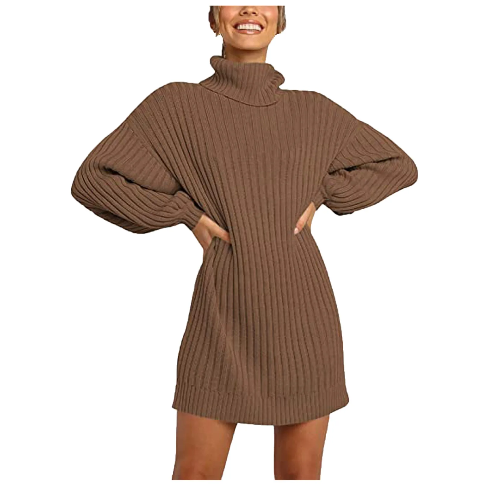 

Sweater Dress Turtleneck Raglan Long Sleeves Bodycon Dress Solid Color Ribbed Knitted Long Type Knitting Dress For Women