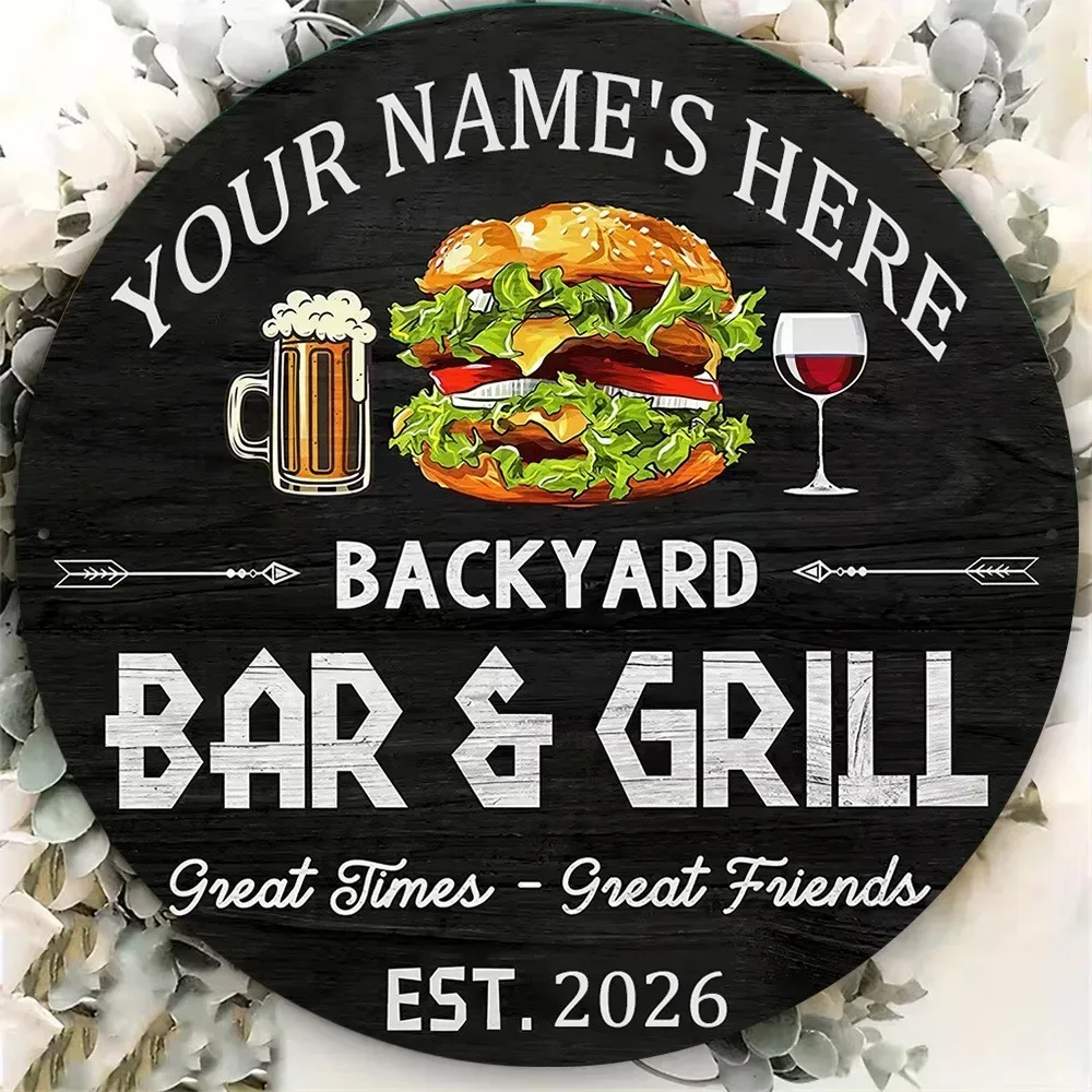 CIFbuy [2D Flat] Custom Backyard Bar&Grill Round Metal Sign,Burger Beer Wine Wall Decor (Only For Decoration)