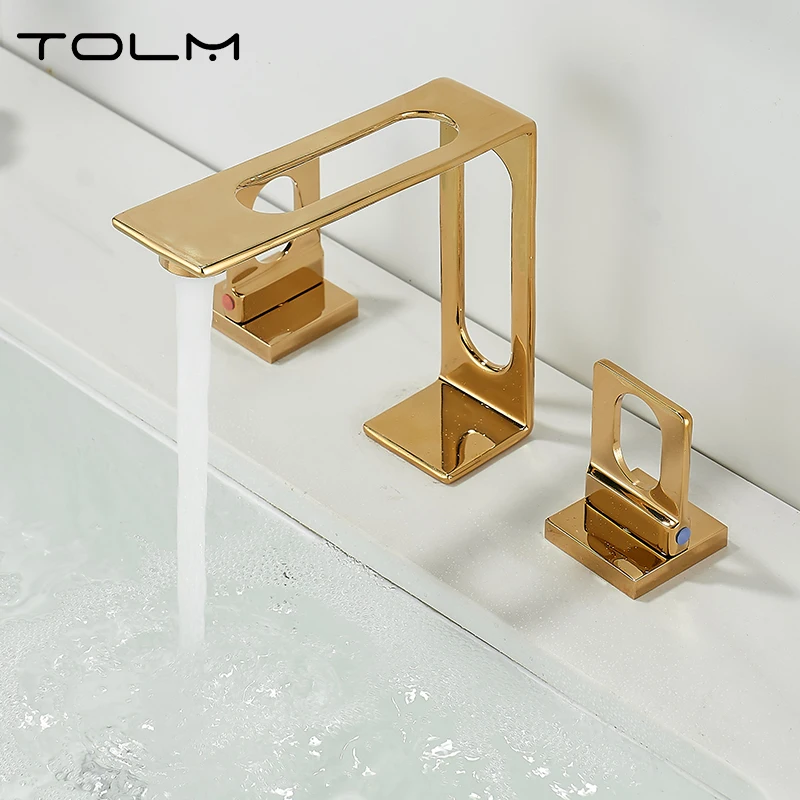 

TOLM Gold Bathroom Basin Faucet Basin Three Hole Installation Mixer Double Crystal Handle Cold And Hot Mixing Tap Bathtub Crane