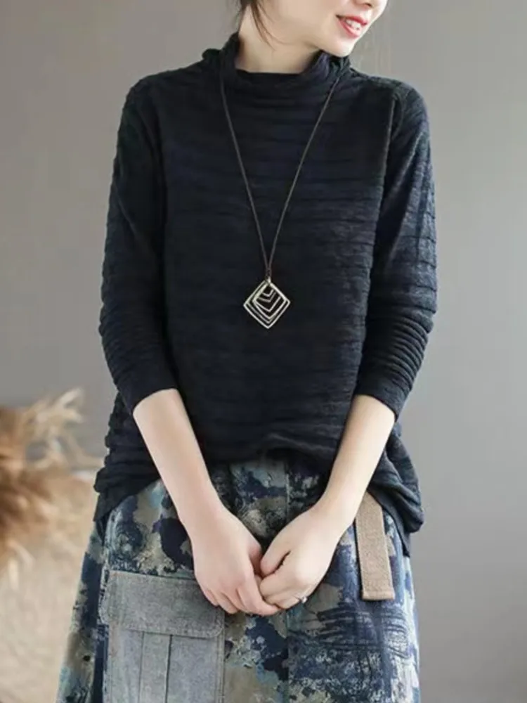 T-shirt pullover dolcevita autunnale lavorata a maglia oversize da donna Camicette da donna a pieghe larghe casual T-shirt da donna alla moda