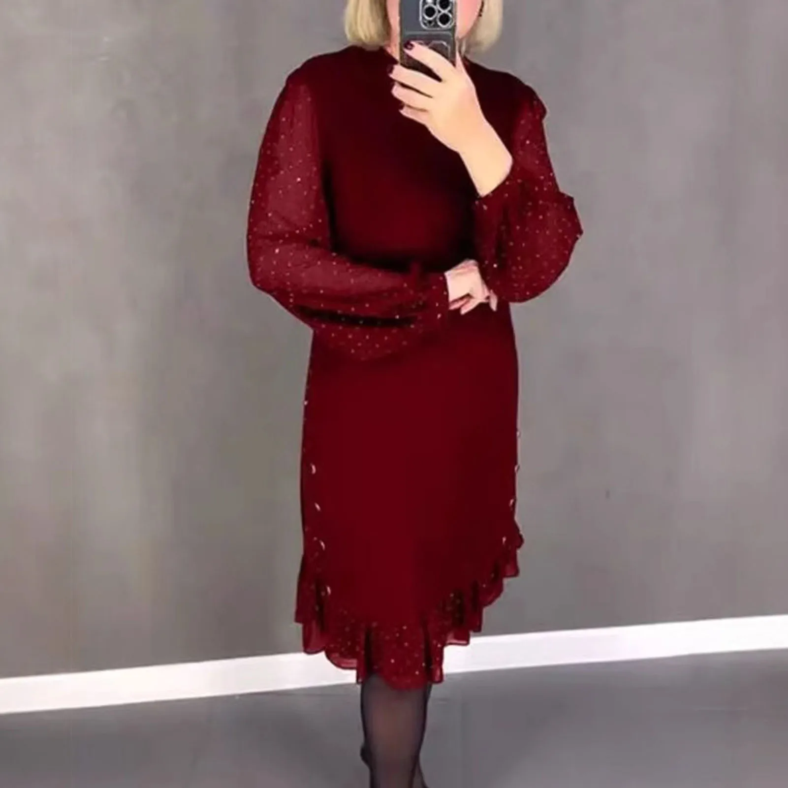 Sukienka z rękawami balonowymi w kropki Sukienka midi z rękawami balonowymi Elegancka sukienka midi do kolan z siateczkowymi rękawami balonowymi z falbaną dla osób w średnim wieku