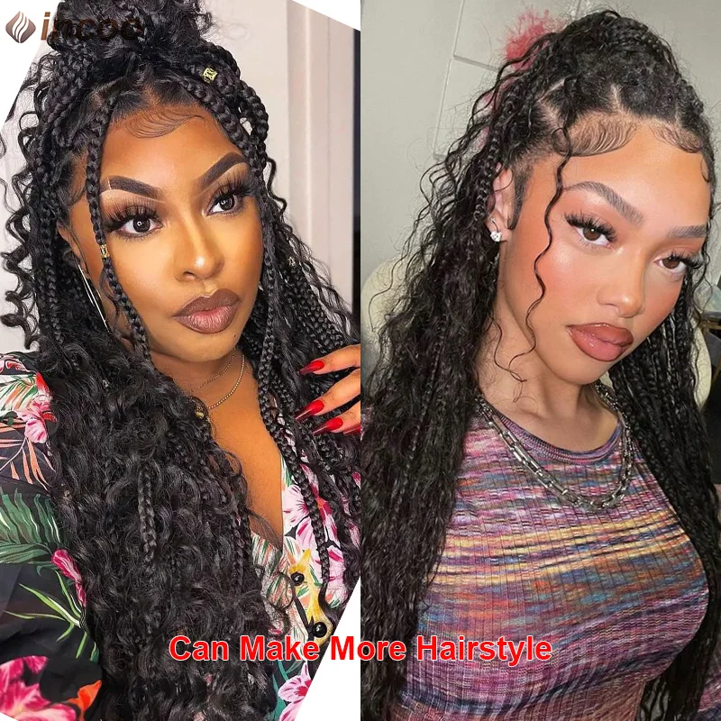 Long 32 Boho Braided Full Lace Front Wigs Synthetic Blonde Curly Goddess Locs Cornrows Wigs Pre Plucked Baby Hair Box Braids Wig