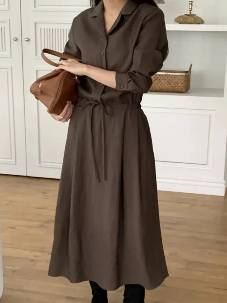 Coreano sle outono chá break irt dr feminino elely sob medida cintura-conchatável versátil com cinto terno colarinho