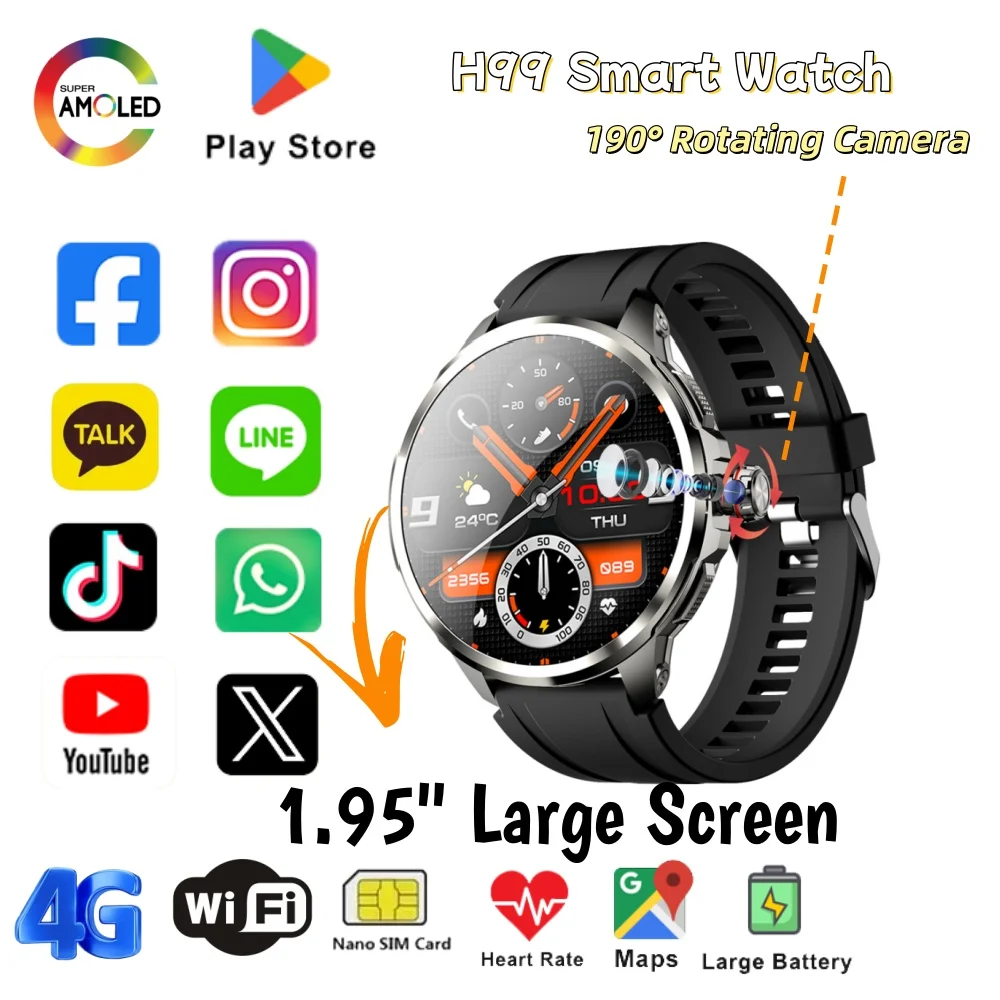 

H99 Android Смарт-часы Сетевая SIM-карта 4G 1,95 дюйма AMOLED 490*490 Выдвижной 190 ° Вращающаяся камера, приложение для загрузки, умные часы для мужчин
