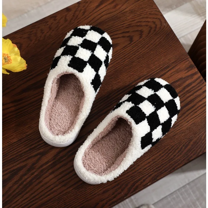 Checkered Cotton Slippers 2024 Women Winter Floor Plush Slippers Home Anti Slip Flat Bottom Comfort Soft Bottom Cotton Slippers