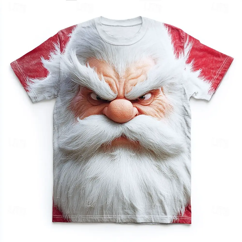 

3D Cartoon Santa Clause Print Short Sleeve T-Shirts Fashion Loose Casual Round Neck Tees Christmas Theme Festival Party Clothing