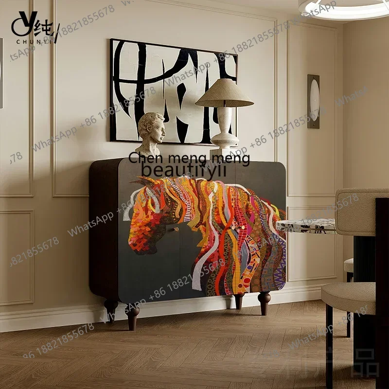 SS ss7486 Modern abstract side cabinet solid wood custom cupboard, entrance art painting decoration restaurant kitchen storage