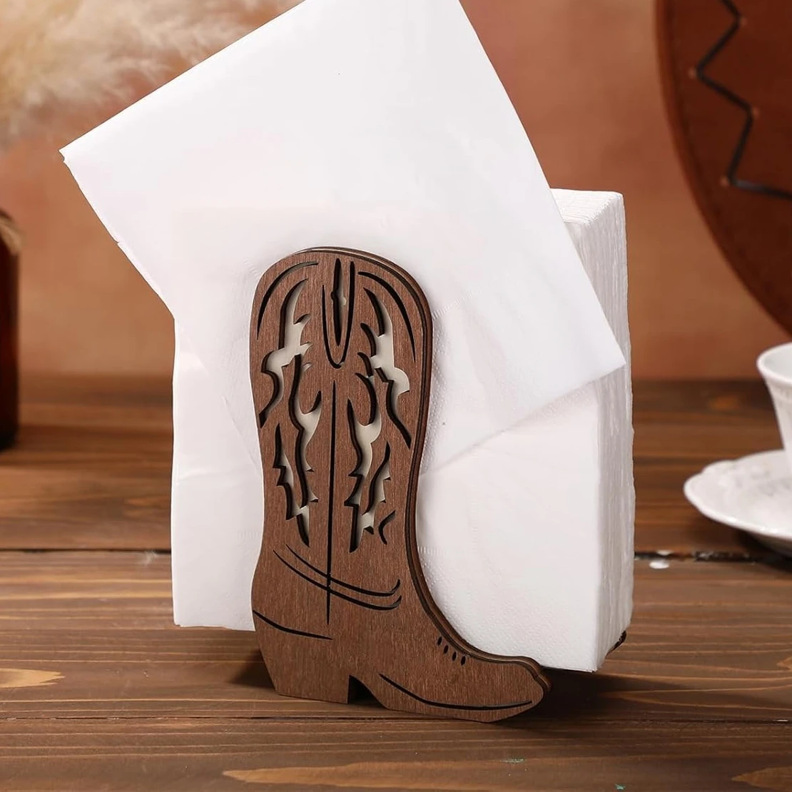 1pcs 3D Wooden Village Western Cowboy Boot Napkin Holders Vintage Brown Paper Napkin Table Kitchen Tissue Stands