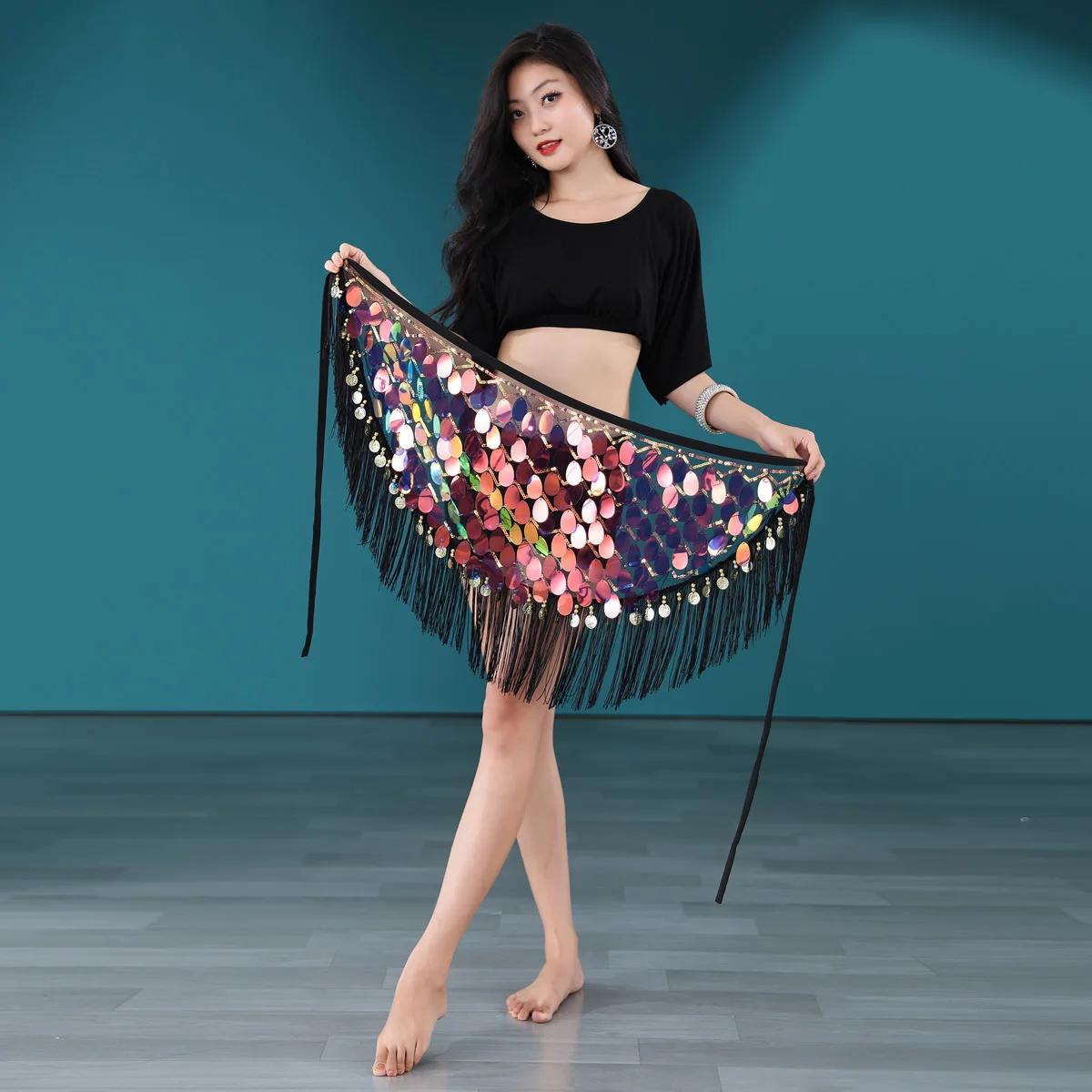 Taniec brzucha chusta na biodra seksowne frędzle cekiny jesień taniec orientalny praktyka garnitur zestaw szalik w talii owinięta spódnica biodrowa