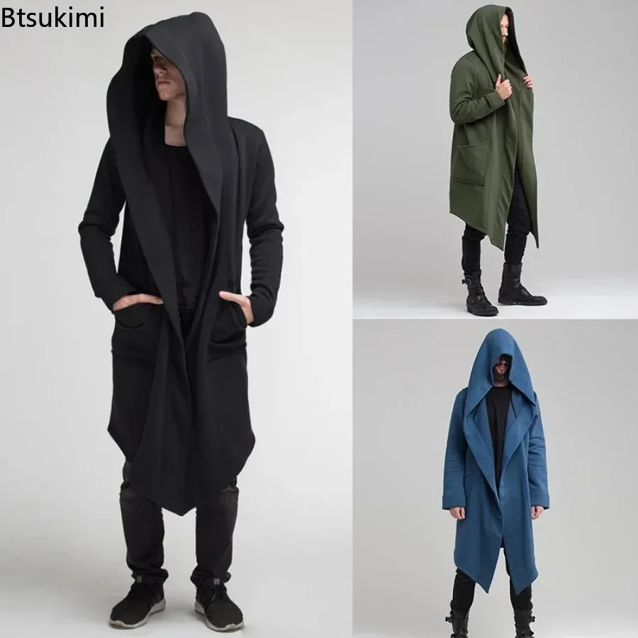 

New 2024 Men' Casual Hoodie Coat Jacket Solid Cardigan Cloak Coat Open Front Warm Long Outwear Male Trench Coats Men Clothing