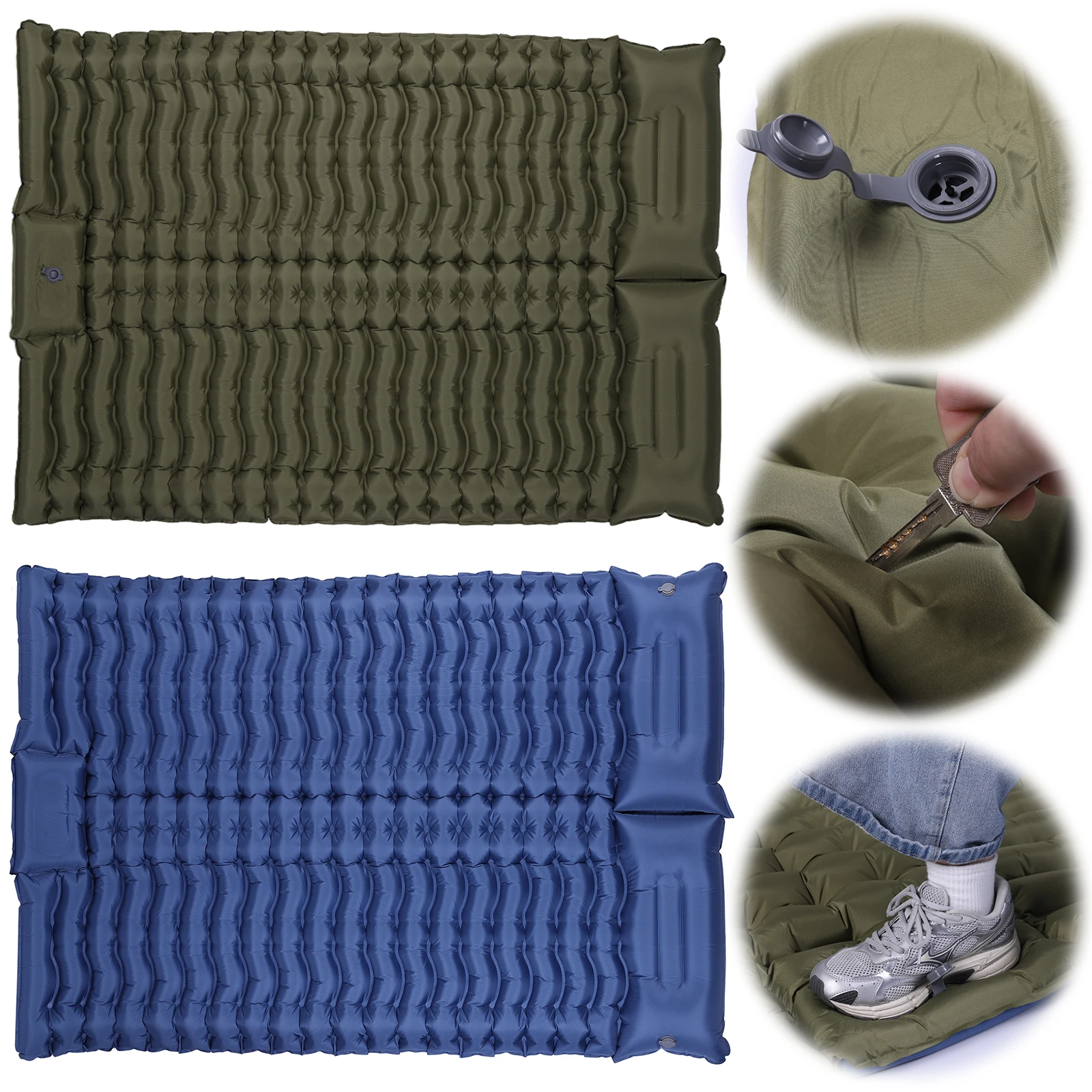 

Надувной коврик для кемпинга с подушкой и ножным насосом (зеленый, двойной)