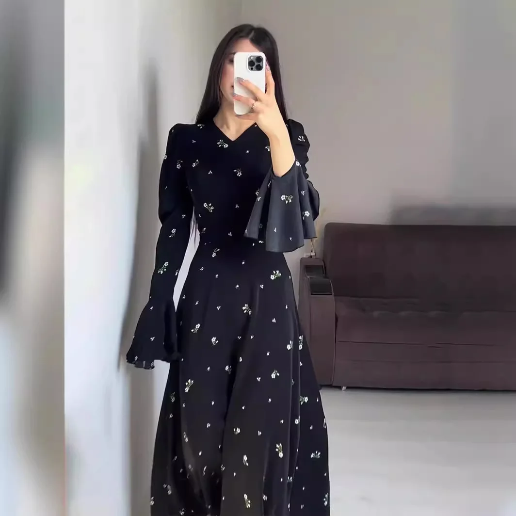 

2026 Spring New Style Ruffle Sleeve Waist-cinching Floral Gentle Style Long Dress Robe Abaya Ramadan Dubai Luxury Islam Elegant