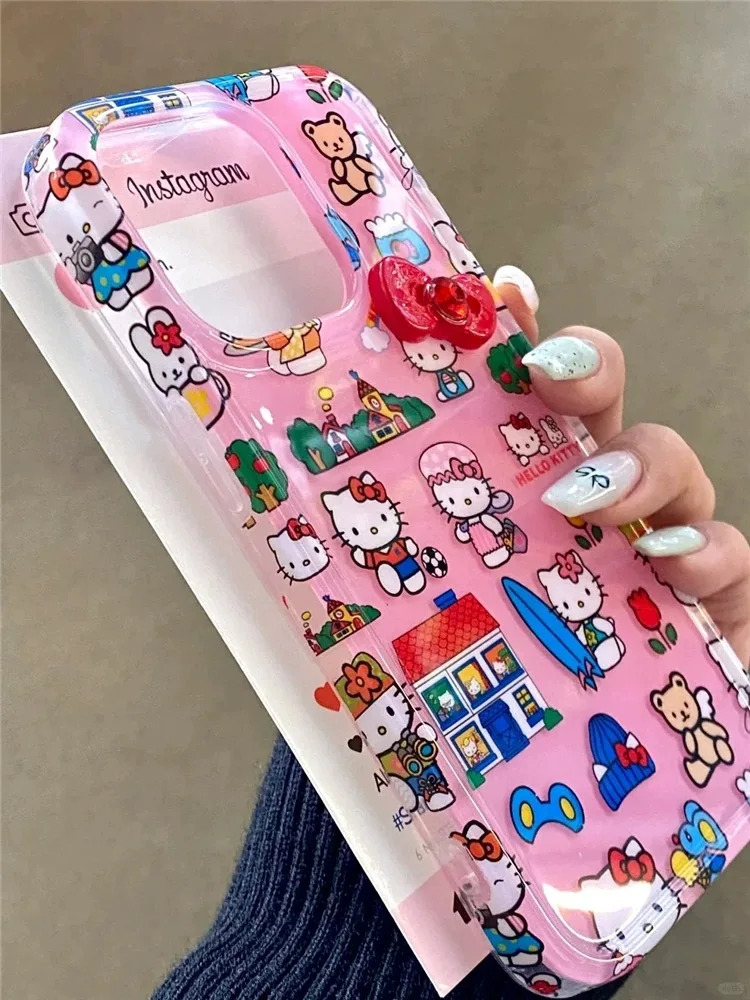 Cute Rainbow Cartoon Hello Kitty Cat Soft Silicone Phone Case For iPhone 13 12 14 15Pro Max House Kitty Bear Cover