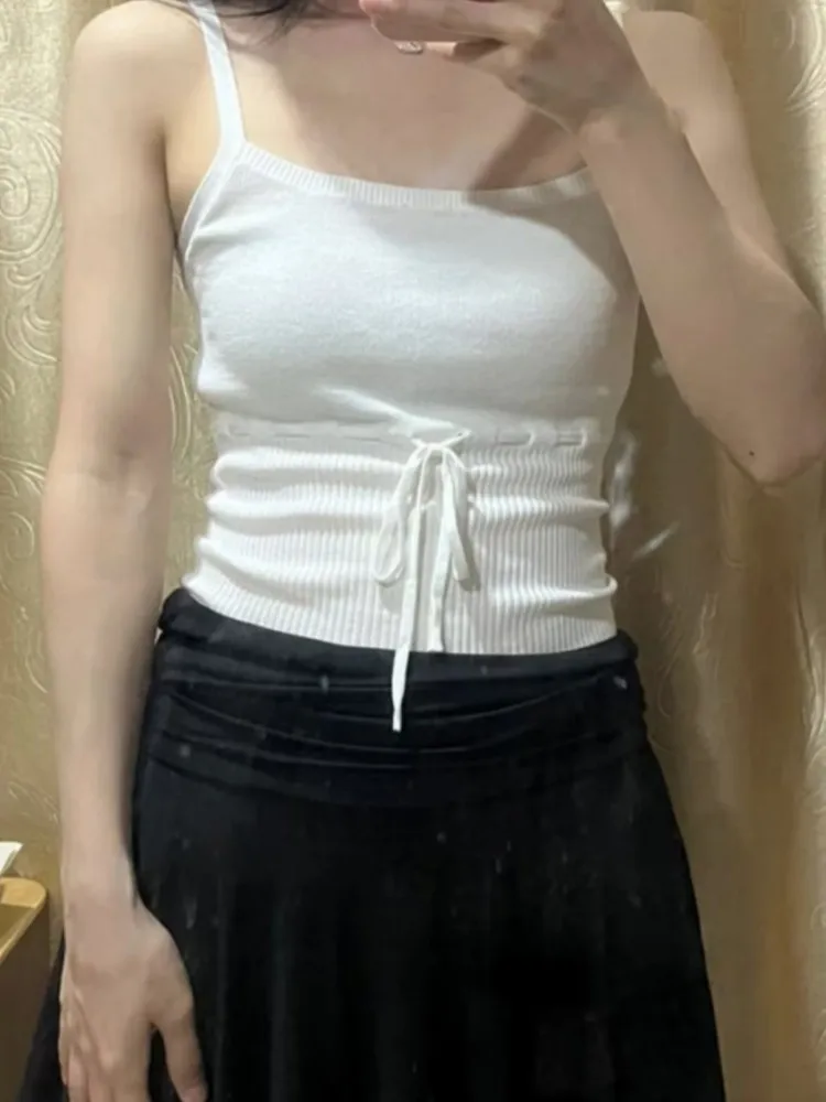 Casual Women Cotton White Rib Knit Lace-up Camis 2023 Summer Fashion Slim Camis Ladies Sleeveless  Female Solid Color Tops