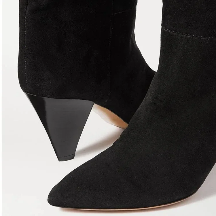Elegant Black Suede Ankle Boots Women Pointed Toe Cone Heel Interior Zipper Metal Decoration Fashion High-Heel Booties
